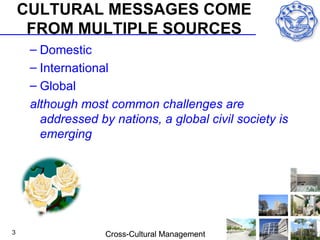 CULTURAL MESSAGES COME
     FROM MULTIPLE SOURCES
     – Domestic
     – International
     – Global
     although most common challenges are
       addressed by nations, a global civil society is
       emerging




3                  Cross-Cultural Management
 
