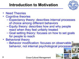 Introduction to Motivation

• Need Theories
• Cognitive theories
  – Expectancy theory: describes internal processes
    of choice among different behaviors
  – Equity theory: describes how and why people
    react when they feel unfairly treated
  – Goal setting theory: focuses on how to set goals
    for people to reach
• Behavioral theory
  – Behavior modification: focuses on observable
    behavior, not internal psychological processes


38              Cross-Cultural Management
 