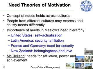 Need Theories of Motivation

• Concept of needs holds across cultures
• People from different cultures may express and
  satisfy needs differently
• Importance of needs in Maslow's need hierarchy
   – United States: self–actualization
   – Latin America: security, affiliation
   – France and Germany: need for security
   – New Zealand: belongingness and love
• McClelland: needs for affiliation, power and
  achievement
42              Cross-Cultural Management
 