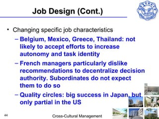 Job Design (Cont.)

 • Changing specific job characteristics
   – Belgium, Mexico, Greece, Thailand: not
     likely to accept efforts to increase
     autonomy and task identity
   – French managers particularly dislike
     recommendations to decentralize decision
     authority. Subordinates do not expect
     them to do so
   – Quality circles: big success in Japan, but
     only partial in the US
44              Cross-Cultural Management
 