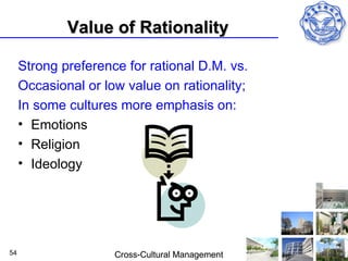 Value of Rationality

     Strong preference for rational D.M. vs.
     Occasional or low value on rationality;
     In some cultures more emphasis on:
     • Emotions
     • Religion
     • Ideology




54                   Cross-Cultural Management
 