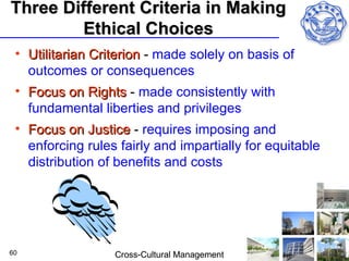 Three Different Criteria in Making
         Ethical Choices
 • Utilitarian Criterion - made solely on basis of
   outcomes or consequences
 • Focus on Rights - made consistently with
   fundamental liberties and privileges
 • Focus on Justice - requires imposing and
   enforcing rules fairly and impartially for equitable
   distribution of benefits and costs




60                Cross-Cultural Management
 