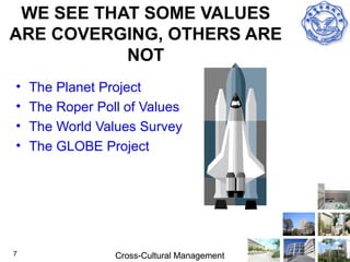 WE SEE THAT SOME VALUES
ARE COVERGING, OTHERS ARE
           NOT
•   The Planet Project
•   The Roper Poll of Values
•   The World Values Survey
•   The GLOBE Project




7                Cross-Cultural Management
 