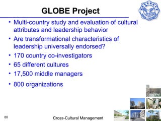 GLOBE Project
     • Multi-country study and evaluation of cultural
       attributes and leadership behavior
     • Are transformational characteristics of
       leadership universally endorsed?
     • 170 country co-investigators
     • 65 different cultures
     • 17,500 middle managers
     • 800 organizations




80                   Cross-Cultural Management
 