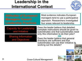 Leadership in the
         International Context

     Attitudes of European        Most evidence indicates European
                                  managers tend to use a participative
     Managers Toward              approach. Researchers investigated
     Leadership Practices         four areas relevant to leadership.

     Capacity for Leadership   Does the leader believe that detailed,
                               complete instructions should be given to
         and Initiative        subordinates and that subordinates need
                               only this information to do their jobs?
       Sharing Information                           OR
                               Does the leader believe that general
         and Objectives        directions are sufficient and that
                               subordinates can use their initiative in
                               working out the details?




86                   Cross-Cultural Management
 