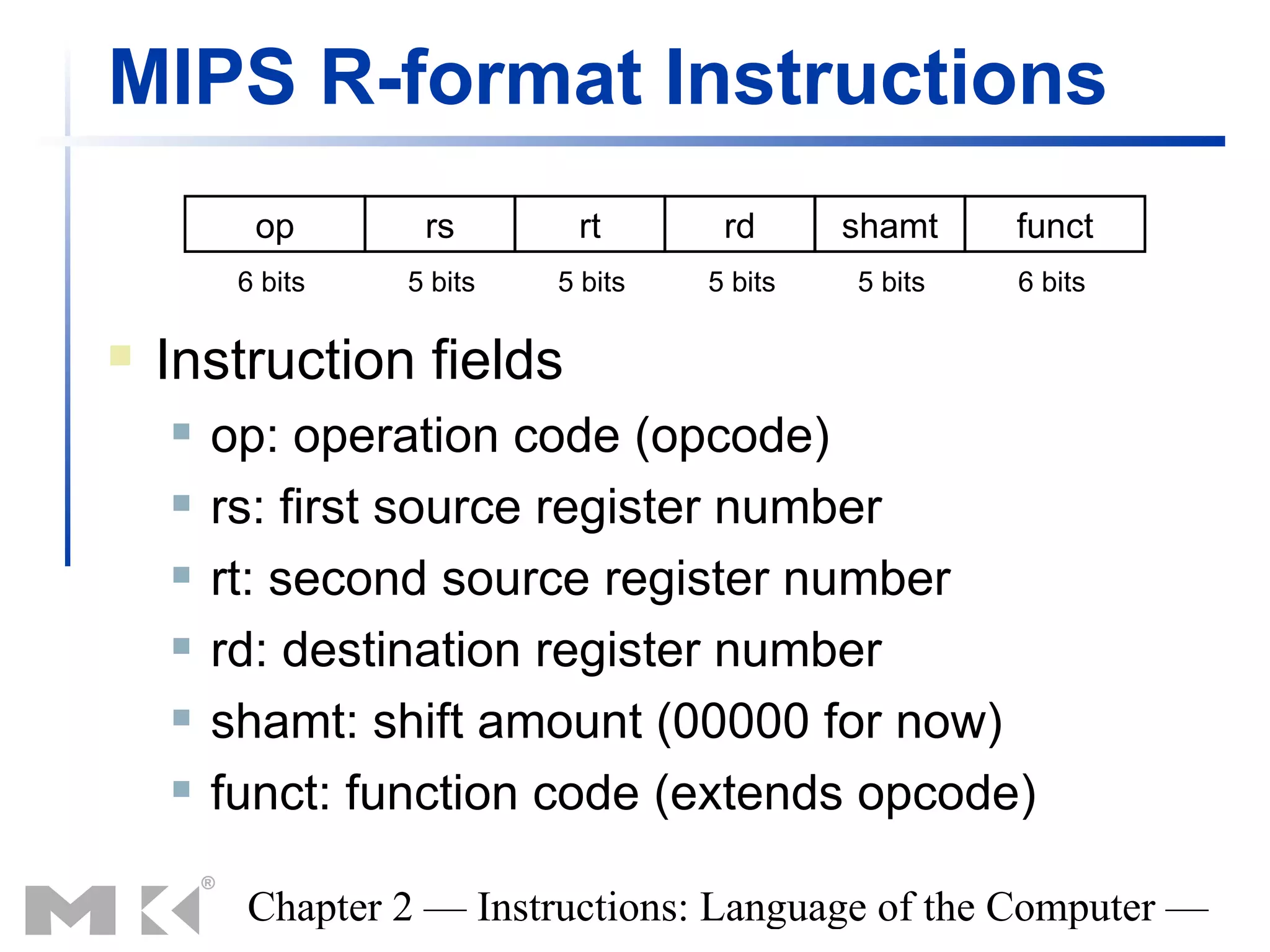 MIPS R-format Instructions
          op       rs       rt       rd      shamt    funct
         6 bits   5 bits   5 bits   5 bits   5 bits   6 bits

   Instruction fields
       op: operation code (opcode)
       rs: first source register number
       rt: second source register number
       rd: destination register number
       shamt: shift amount (00000 for now)
       funct: function code (extends opcode)

         Chapter 2 — Instructions: Language of the Computer —
 
