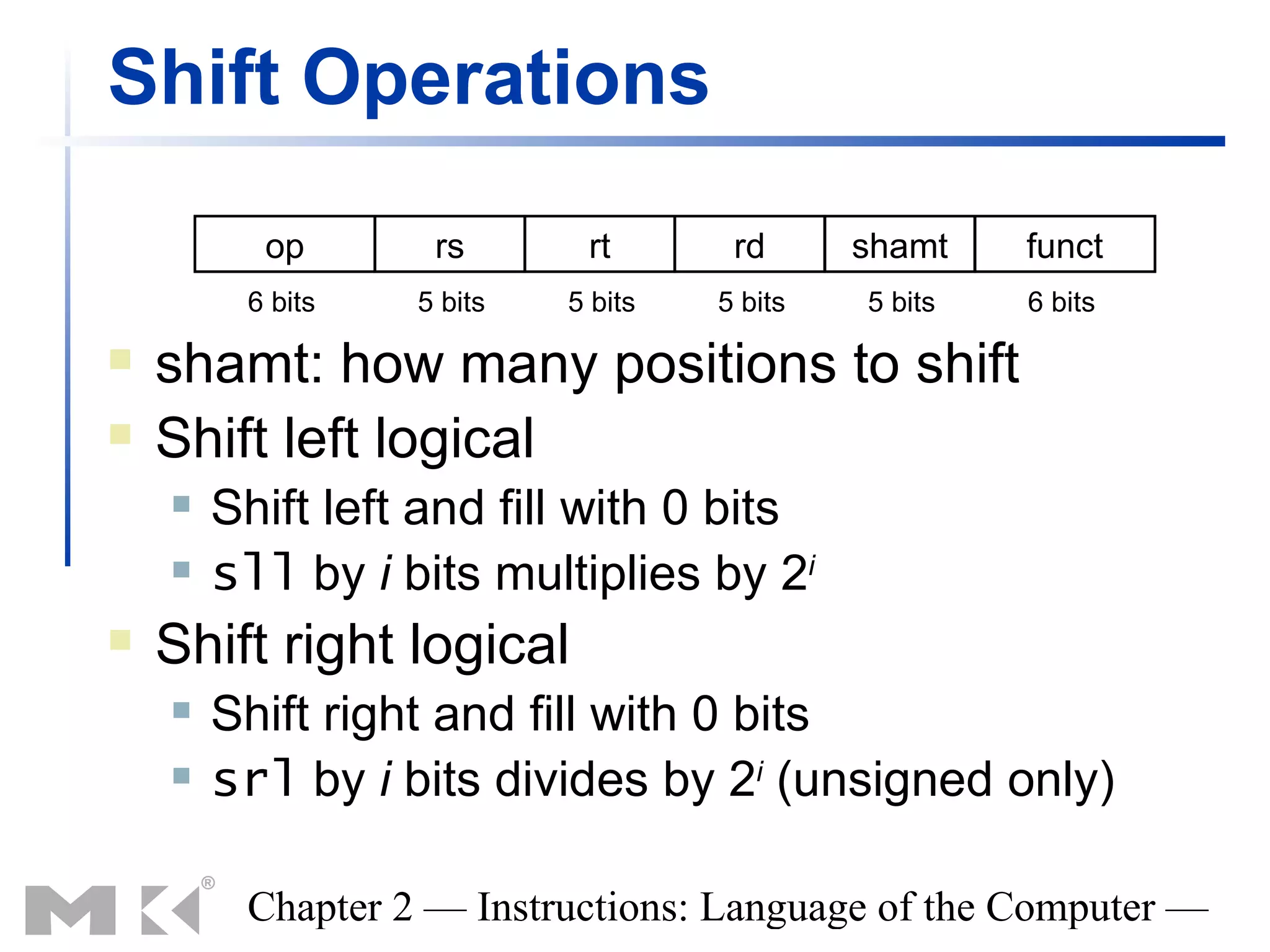 Shift Operations
          op       rs       rt       rd      shamt    funct
         6 bits   5 bits   5 bits   5 bits   5 bits   6 bits

   shamt: how many positions to shift
   Shift left logical
       Shift left and fill with 0 bits
       sll by i bits multiplies by 2i
   Shift right logical
       Shift right and fill with 0 bits
       srl by i bits divides by 2i (unsigned only)

         Chapter 2 — Instructions: Language of the Computer —
 