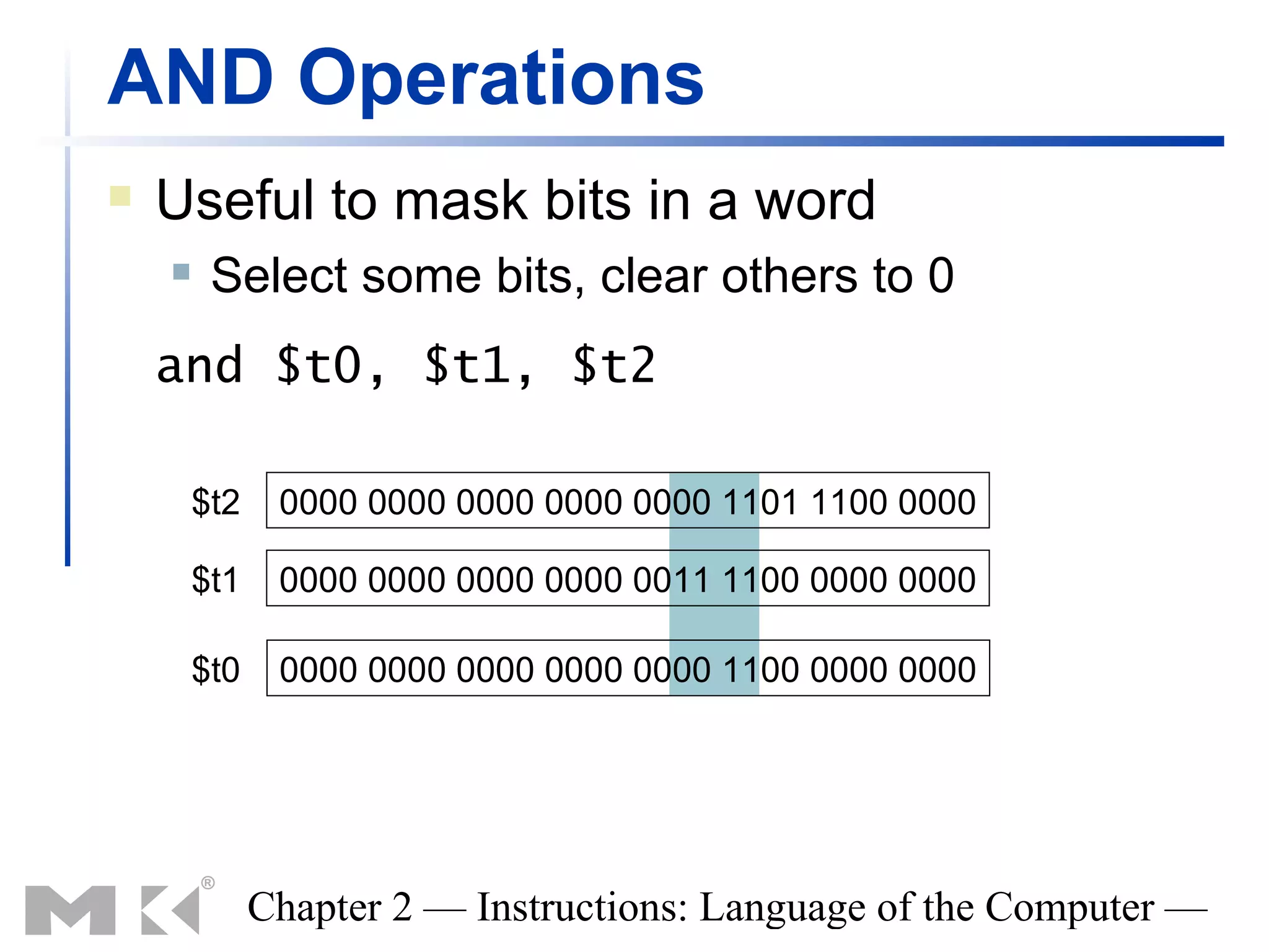 AND Operations
   Useful to mask bits in a word
        Select some bits, clear others to 0
    and $t0, $t1, $t2

        $t2    0000 0000 0000 0000 0000 1101 1100 0000

        $t1    0000 0000 0000 0000 0011 1100 0000 0000

        $t0    0000 0000 0000 0000 0000 1100 0000 0000




              Chapter 2 — Instructions: Language of the Computer —
 