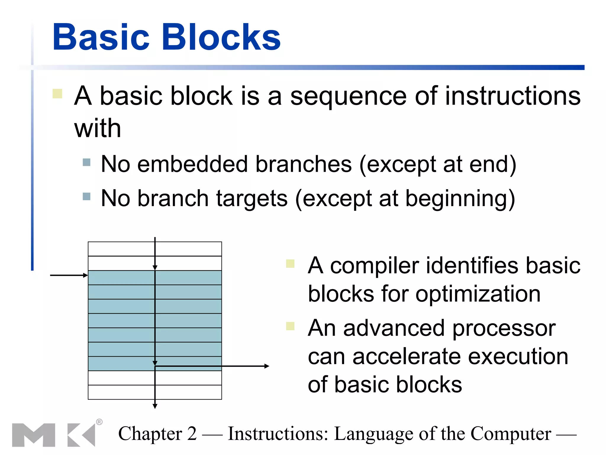 Basic Blocks
   A basic block is a sequence of instructions
    with
       No embedded branches (except at end)
       No branch targets (except at beginning)

                              A compiler identifies basic
                               blocks for optimization
                              An advanced processor
                               can accelerate execution
                               of basic blocks

         Chapter 2 — Instructions: Language of the Computer —
 