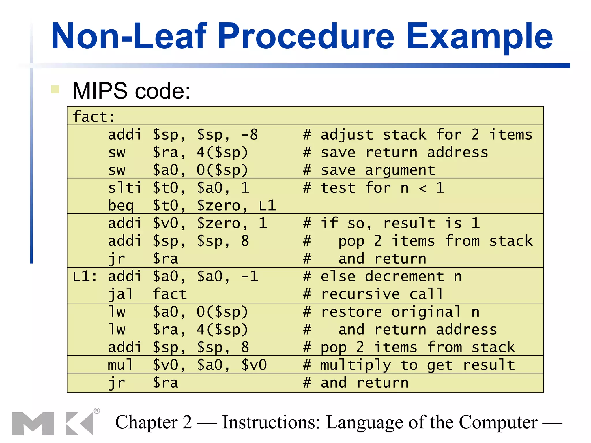 Non-Leaf Procedure Example
   MIPS code:
    fact:
        addi   $sp,   $sp, -8     #   adjust stack for 2 items
        sw     $ra,   4($sp)      #   save return address
        sw     $a0,   0($sp)      #   save argument
        slti   $t0,   $a0, 1      #   test for n < 1
        beq    $t0,   $zero, L1
        addi   $v0,   $zero, 1    #   if so, result is 1
        addi   $sp,   $sp, 8      #     pop 2 items from stack
        jr     $ra                #     and return
    L1: addi   $a0,   $a0, -1     #   else decrement n
        jal    fact               #   recursive call
        lw     $a0,   0($sp)      #   restore original n
        lw     $ra,   4($sp)      #     and return address
        addi   $sp,   $sp, 8      #   pop 2 items from stack
        mul    $v0,   $a0, $v0    #   multiply to get result
        jr     $ra                #   and return

        Chapter 2 — Instructions: Language of the Computer —
 