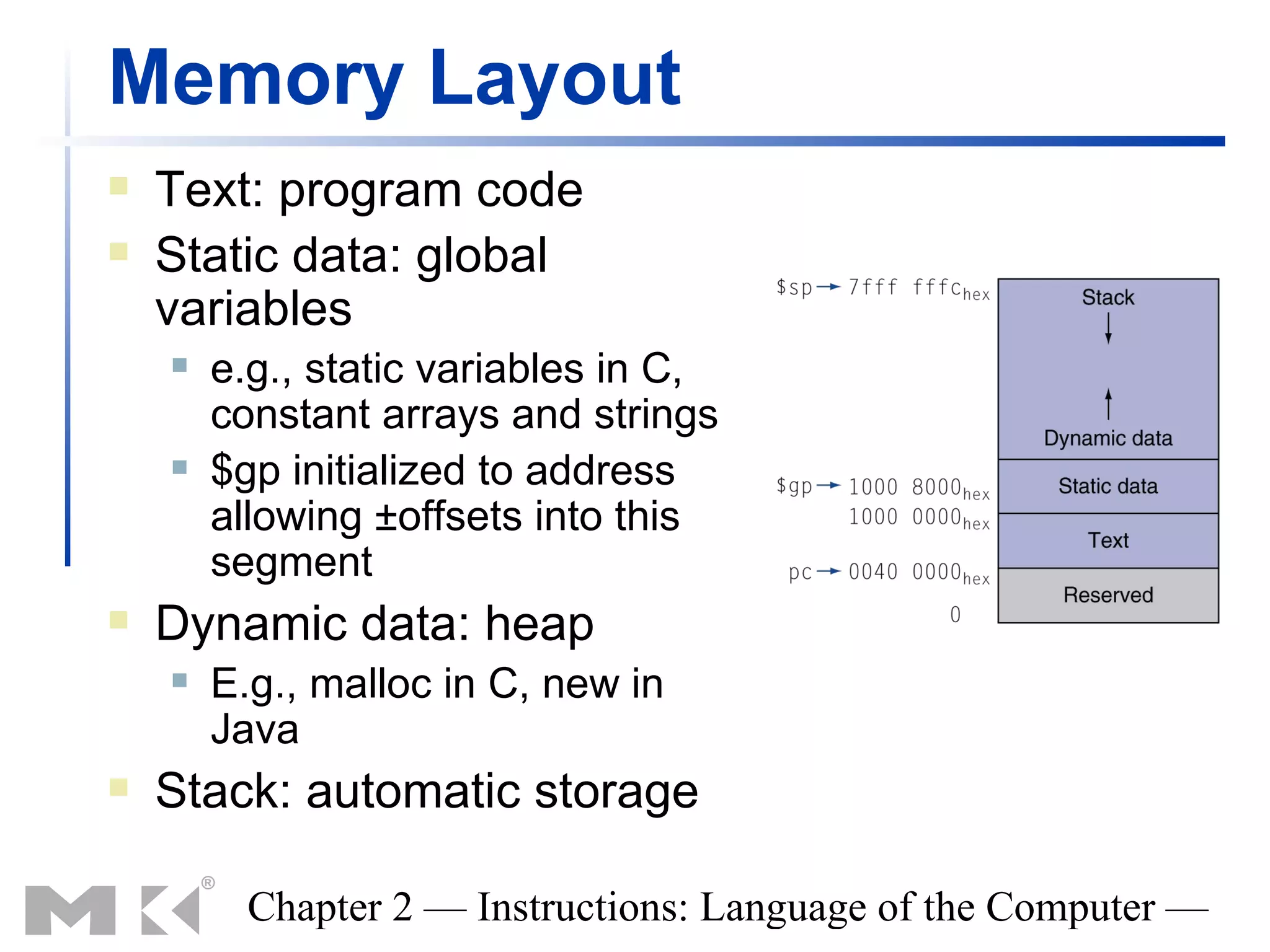 Memory Layout
   Text: program code
   Static data: global
    variables
       e.g., static variables in C,
        constant arrays and strings
       $gp initialized to address
        allowing ±offsets into this
        segment
   Dynamic data: heap
       E.g., malloc in C, new in
        Java
   Stack: automatic storage

          Chapter 2 — Instructions: Language of the Computer —
 
