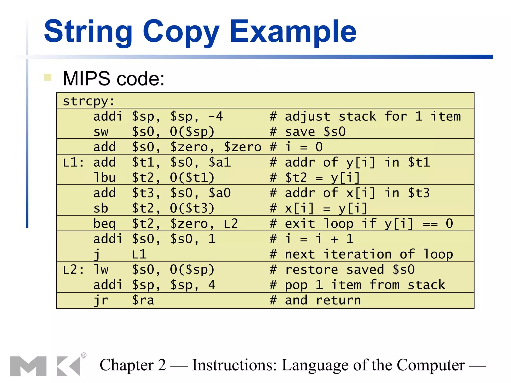 String Copy Example
   MIPS code:
    strcpy:
        addi   $sp,   $sp, -4        #   adjust stack for 1 item
        sw     $s0,   0($sp)         #   save $s0
        add    $s0,   $zero, $zero   #   i = 0
    L1: add    $t1,   $s0, $a1       #   addr of y[i] in $t1
        lbu    $t2,   0($t1)         #   $t2 = y[i]
        add    $t3,   $s0, $a0       #   addr of x[i] in $t3
        sb     $t2,   0($t3)         #   x[i] = y[i]
        beq    $t2,   $zero, L2      #   exit loop if y[i] == 0
        addi   $s0,   $s0, 1         #   i = i + 1
        j      L1                    #   next iteration of loop
    L2: lw     $s0,   0($sp)         #   restore saved $s0
        addi   $sp,   $sp, 4         #   pop 1 item from stack
        jr     $ra                   #   and return




        Chapter 2 — Instructions: Language of the Computer —
 