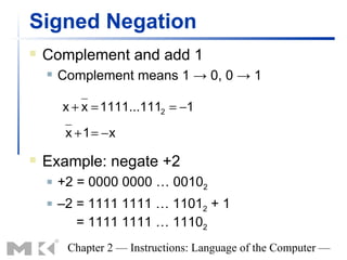 Signed Negation
   Complement and add 1
       Complement means 1 → 0, 0 → 1

        x + x = 1111...1112 = −1

         x + 1 = −x

   Example: negate +2
       +2 = 0000 0000 … 00102
       –2 = 1111 1111 … 11012 + 1
           = 1111 1111 … 11102
         Chapter 2 — Instructions: Language of the Computer —
 
