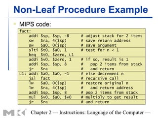 Non-Leaf Procedure Example
   MIPS code:
    fact:
        addi   $sp,   $sp, -8     #   adjust stack for 2 items
        sw     $ra,   4($sp)      #   save return address
        sw     $a0,   0($sp)      #   save argument
        slti   $t0,   $a0, 1      #   test for n < 1
        beq    $t0,   $zero, L1
        addi   $v0,   $zero, 1    #   if so, result is 1
        addi   $sp,   $sp, 8      #     pop 2 items from stack
        jr     $ra                #     and return
    L1: addi   $a0,   $a0, -1     #   else decrement n
        jal    fact               #   recursive call
        lw     $a0,   0($sp)      #   restore original n
        lw     $ra,   4($sp)      #     and return address
        addi   $sp,   $sp, 8      #   pop 2 items from stack
        mul    $v0,   $a0, $v0    #   multiply to get result
        jr     $ra                #   and return

        Chapter 2 — Instructions: Language of the Computer —
 