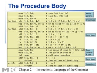 The Procedure Body
         move   $s2, $a0            #   save $a0 into $s2                  Move
         move   $s3, $a1            #   save $a1 into $s3                  params
         move   $s0, $zero          #   i = 0
                                                                           Outer loop
for1tst: slt    $t0, $s0, $s3       #   $t0 = 0 if $s0 ≥ $s3 (i ≥ n)
         beq    $t0, $zero, exit1   #   go to exit1 if $s0 ≥ $s3 (i ≥ n)
         addi   $s1, $s0, –1        #   j = i – 1
for2tst: slti   $t0, $s1, 0         #   $t0 = 1 if $s1 < 0 (j < 0)
         bne    $t0, $zero, exit2   #   go to exit2 if $s1 < 0 (j < 0)
         sll    $t1, $s1, 2         #   $t1 = j * 4                        Inner loop
         add    $t2, $s2, $t1       #   $t2 = v + (j * 4)
         lw     $t3, 0($t2)         #   $t3 = v[j]
         lw     $t4, 4($t2)         #   $t4 = v[j + 1]
         slt    $t0, $t4, $t3       #   $t0 = 0 if $t4 ≥ $t3
         beq    $t0, $zero, exit2   #   go to exit2 if $t4 ≥ $t3
         move   $a0, $s2            #   1st param of swap is v (old $a0)   Pass
         move   $a1, $s1            #   2nd param of swap is j             params
         jal    swap                #   call swap procedure                & call
         addi   $s1, $s1, –1        #   j –= 1
                                                                           Inner loop
         j      for2tst             #   jump to test of inner loop
exit2:   addi   $s0, $s0, 1         #   i += 1
                                                                           Outer loop
         j      for1tst             #   jump to test of outer loop

         Chapter 2 — Instructions: Language of the Computer —
 