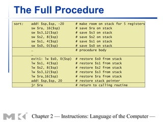 The Full Procedure
sort:   addi $sp,$sp, –20       #   make room on stack for 5 registers
        sw $ra, 16($sp)         #   save $ra on stack
        sw $s3,12($sp)          #   save $s3 on stack
        sw $s2, 8($sp)          #   save $s2 on stack
        sw $s1, 4($sp)          #   save $s1 on stack
        sw $s0, 0($sp)          #   save $s0 on stack
        …                       #   procedure body
        …
        exit1: lw $s0, 0($sp)   #   restore $s0 from stack
        lw $s1, 4($sp)          #   restore $s1 from stack
        lw $s2, 8($sp)          #   restore $s2 from stack
        lw $s3,12($sp)          #   restore $s3 from stack
        lw $ra,16($sp)          #   restore $ra from stack
        addi $sp,$sp, 20        #   restore stack pointer
        jr $ra                  #   return to calling routine




        Chapter 2 — Instructions: Language of the Computer —
 