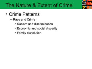 The Nature & Extent of Crime
• Crime Patterns
  – Race and Crime
     • Racism and discrimination
     • Economic and social disparity
     • Family dissolution
 