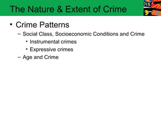 The Nature & Extent of Crime
• Crime Patterns
  – Social Class, Socioeconomic Conditions and Crime
     • Instrumental crimes
     • Expressive crimes
  – Age and Crime
 