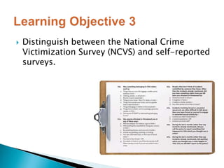  Distinguish between the National Crime 
Victimization Survey (NCVS) and self-reported 
surveys. 
 