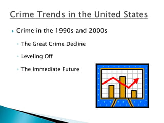  Crime in the 1990s and 2000s 
◦ The Great Crime Decline 
◦ Leveling Off 
◦ The Immediate Future 
 