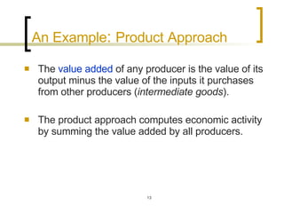 An Example :  Product Approach The  value added  of any producer is the value of its output minus the value of the inputs it purchases from other producers ( intermediate goods ).  The product approach computes economic activity by summing the value added by all producers.  