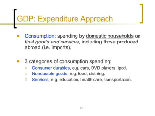 GDP: Expenditure Approach Consumption:  spending by  domestic households  on  final goods and services , including those produced abroad (i.e. imports).  3 categories of consumption spending: Consumer durables , e.g. cars, DVD players, ipod. Nondurable goods , e.g. food, clothing. Services , e.g. education, health care, transportation.  