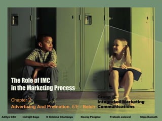 The Role of IMC
      in the Marketing Process
                                             Group 8
      Chapter 2                              Integrated Marketing
      Advertising And Promotion, 6/E - Belch Communications

Aditya GSN   Indrajit Bage   N Krishna Chaitanya   Neeraj Panghal   Prateek Jaiswal   Silpa Kamath
 