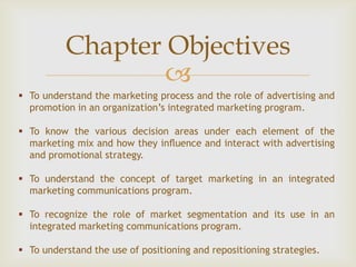 Chapter Objectives
                  
 To understand the marketing process and the role of advertising and
  promotion in an organization’s integrated marketing program.

 To know the various decision areas under each element of the
  marketing mix and how they inﬂuence and interact with advertising
  and promotional strategy.

 To understand the concept of target marketing in an integrated
  marketing communications program.

 To recognize the role of market segmentation and its use in an
  integrated marketing communications program.

 To understand the use of positioning and repositioning strategies.
 