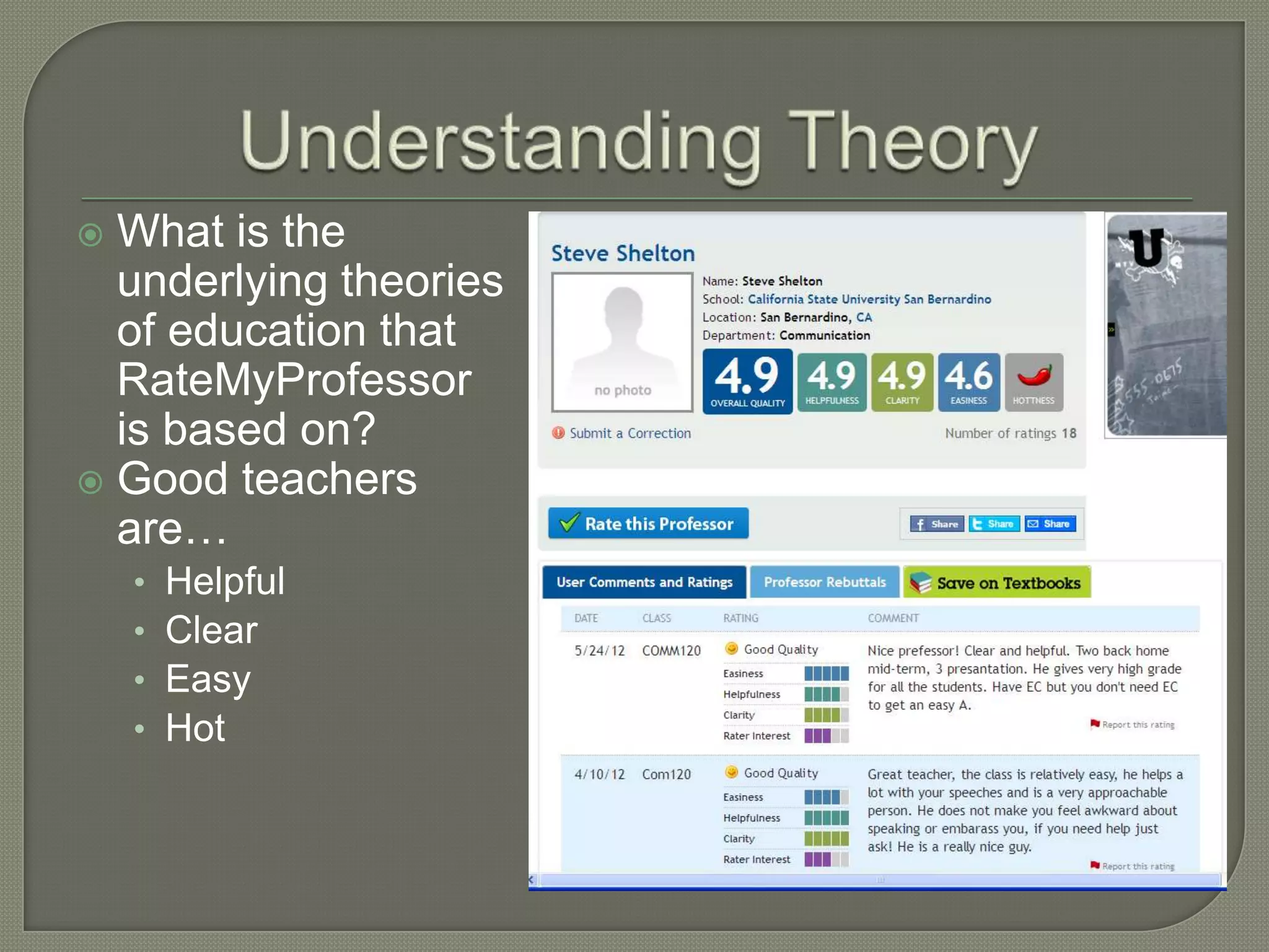  What is the
  underlying theories
  of education that
  RateMyProfessor
  is based on?
 Good teachers
  are…
    •   Helpful
    •   Clear
    •   Easy
    •   Hot
 