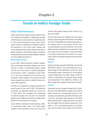 Chapter-2

                 Trends in India’s Foreign Trade

India’s Trade Performance                                   and the 13th largest importer with a share of 2.1
                                                            per cent in 2010.
India’s merchandise exports reached a level of US $
251.14 billion during 2010-11 registering a growth          The year 2011 has been a difficult year with Japan
of 40.49 percent as compared to a negative growth           facing a major earthquake and tsunami, the swelling
of 3.53 percent during the previous year. India’s           of unrest in the Middle East oil producing countries,
export sector has exhibited remarkable resilience           the slowing down of US economy and the Euro
and dynamism in the recent years. Despite the               area facing major financial turbulence. The current
recent setback faced by India’s export sector due to        global economic slowdown has its epicenter in the
global slowdown, merchandise exports recorded a             Euro-region but the contagion is being witnessed
Compound Annual Growth Rate (CAGR) of 20.0 per              in all major economies of the world. As a result,
cent from 2004-05 to 2010-11.                               India’s short-term growth prospects have also been
World Trade Scenario                                        impacted.
                                                            Exports
As per IMF’s World Economic Outlook October,
2011, world trade recorded its largest ever annual          Exports recorded a growth of 40.49 per cent during
increase in 2010, as merchandise exports surged             April-March 2010-11. The Government has set an
14.4 per cent. The volume of world trade (goods             export target of US $ 300 billion for 2011-12. With
and services) in 2011 is expected to slow down              merchandise exports reaching US $ 217.66 billion
to 7.5 per cent compared to the 12.8 per cent               in 2011-12(Apr-Dec), the export target of 300 US
achieved in 2010. Growth in the volume of world             $ billion is expected to be achieved. Export target
trade is expected to decline in 2012 to 5.8 per cent        and achievement from 2004-05 to 2010-11 and
as per IMF projections.                                     2011-12 (Apr-Dec) is given in the Chart 2.1 below:

The IMF has moderated its growth projections of             Imports
world output to 4 per cent in 2012. The advanced            Cumulative value of imports during 2011-12 (Apr-
economies are expected to grow at 1.9 per cent              Dec) was US $ 350.94 billion as against US $ 269.18
in 2012 while the emerging and developing                   billion during the corresponding period of the
economies to grow at 6.1 per cent. The projected            previous year registering a growth of 30.4 per cent
growth rates in different countries are expected to         in $ terms. Oil imports were valued at US $ 105.6
determine the markets for our exports.                      billion during 2011-12 (Apr-Dec) which was 40.39
As per WTO’s International Trade Statistics, 2010,          per cent higher than oil imports valued US $ 75.2
in merchandise trade, India is the 20th largest             billion in the corresponding period of previous
exporter in the world with a share of 1.4 per cent          year. Non-oil imports were valued at US $ 245.35


                                                       18
 