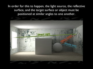 In order for this to happen, the light source, the reflective
     surface, and the target surface or object must be
        positioned at similar angles to one another.
 