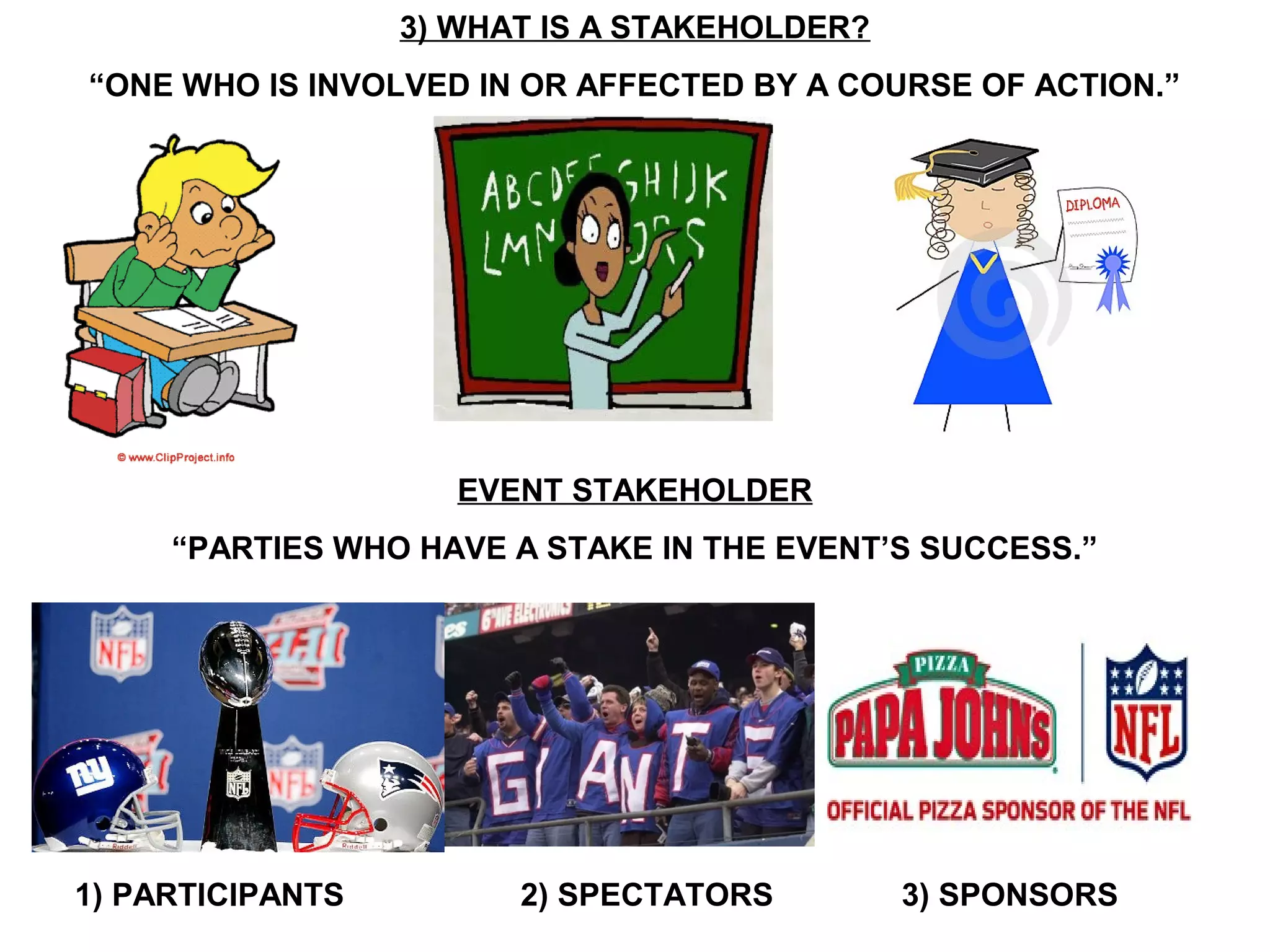 3) WHAT IS A STAKEHOLDER?
“ONE WHO IS INVOLVED IN OR AFFECTED BY A COURSE OF ACTION.”




                     EVENT STAKEHOLDER
     “PARTIES WHO HAVE A STAKE IN THE EVENT’S SUCCESS.”




1) PARTICIPANTS         2) SPECTATORS         3) SPONSORS
 
