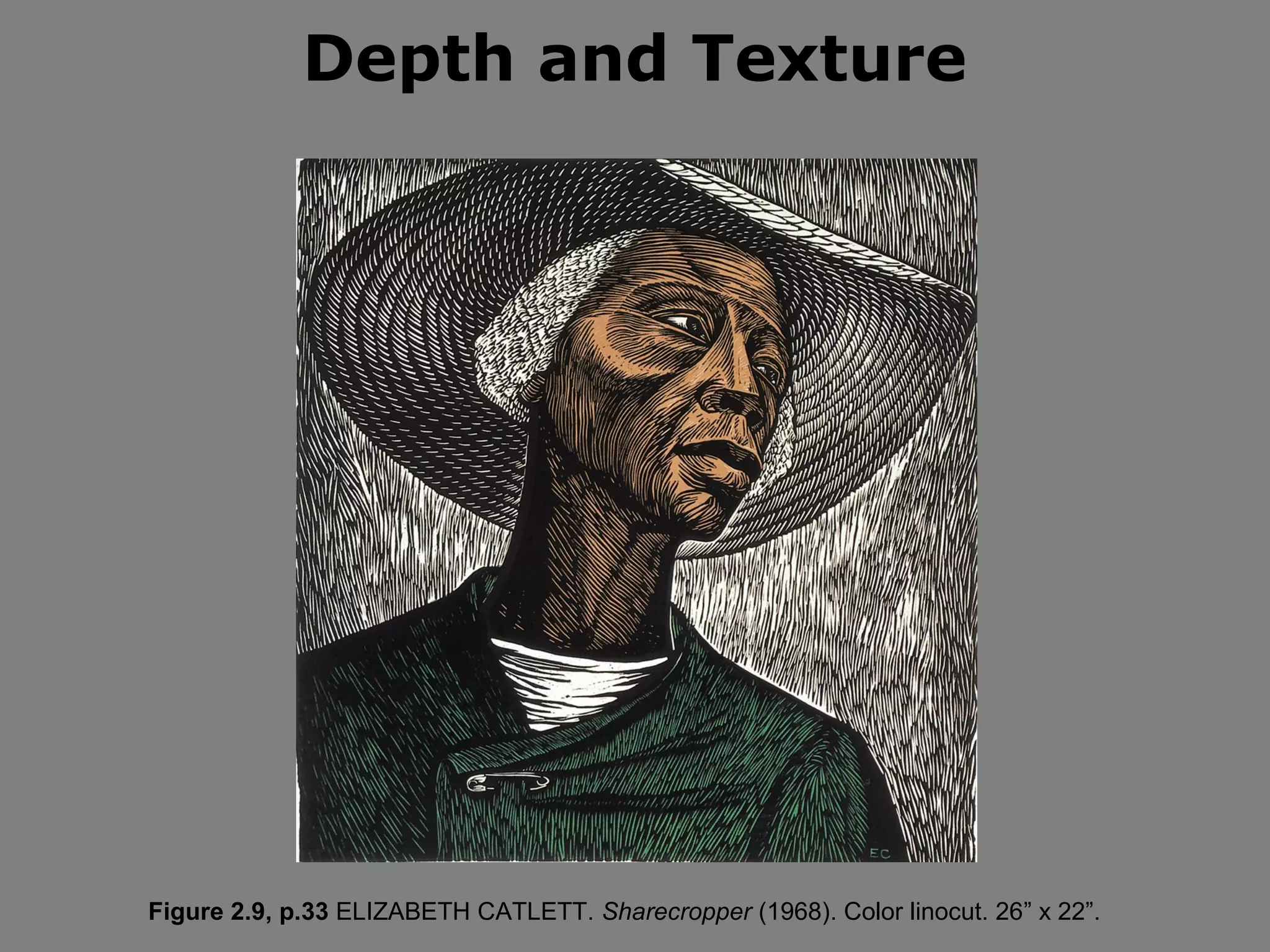 Depth and Texture




Figure 2.9, p.33 ELIZABETH CATLETT. Sharecropper (1968). Color linocut. 26” x 22”.
 