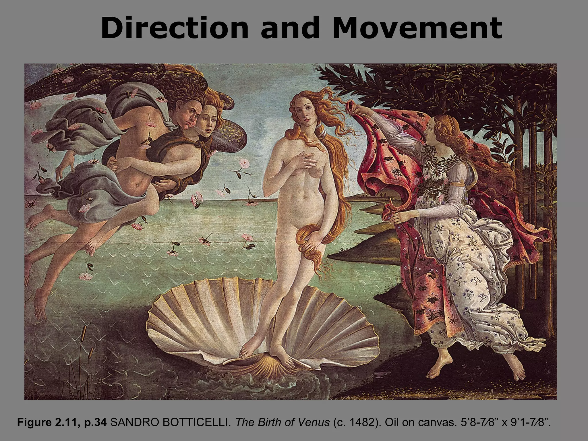 Direction and Movement




Figure 2.11, p.34 SANDRO BOTTICELLI. The Birth of Venus (c. 1482). Oil on canvas. 5’8-7⁄8” x 9’1-7⁄8”.
 