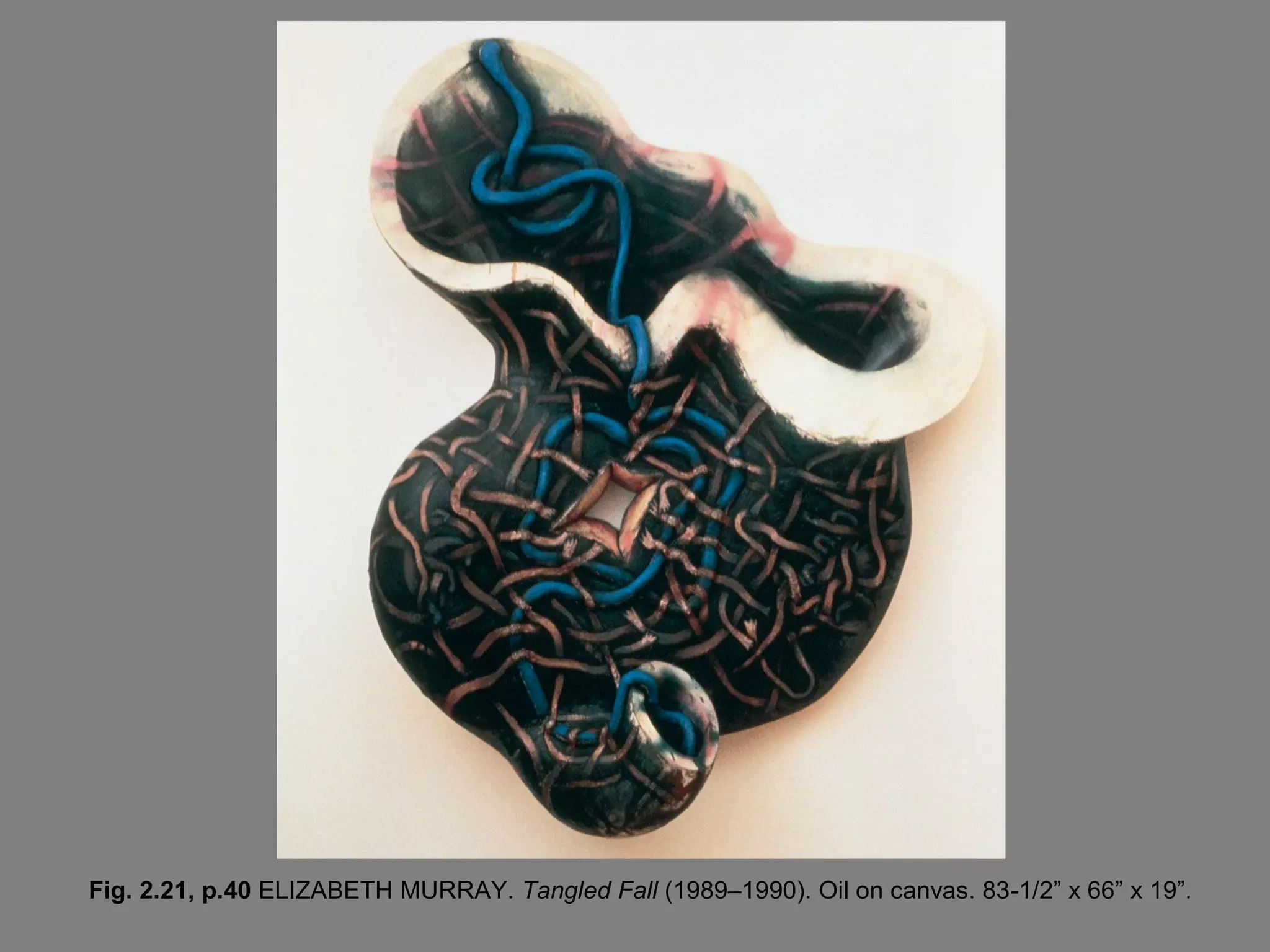 Fig. 2.21, p.40 ELIZABETH MURRAY. Tangled Fall (1989–1990). Oil on canvas. 83-1/2” x 66” x 19”.
 