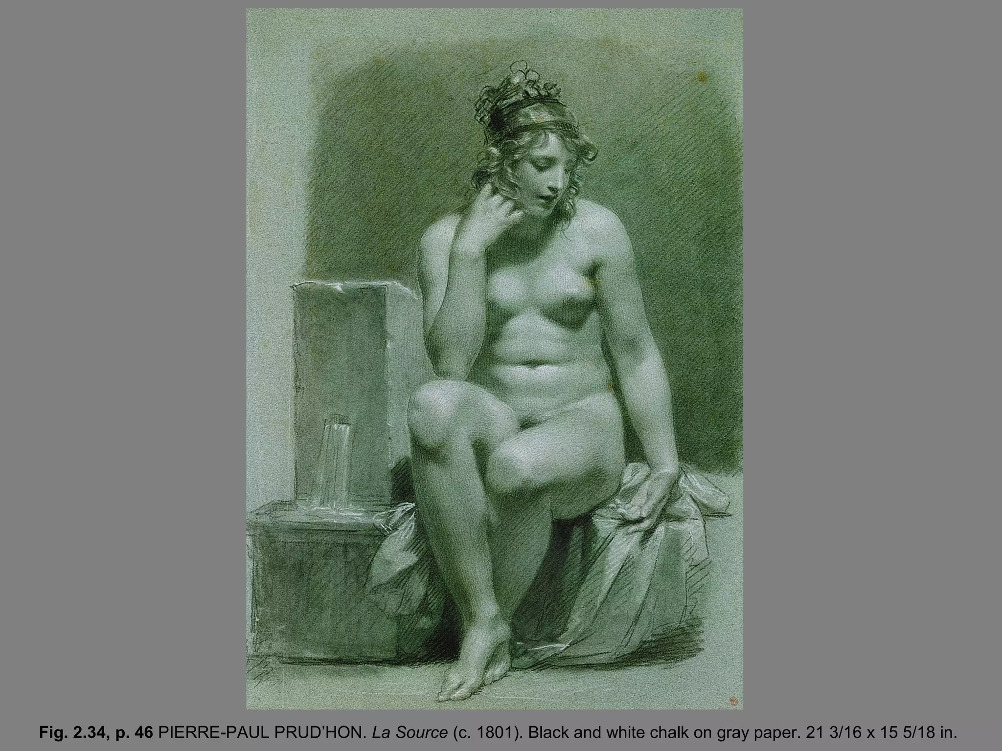 Fig. 2.34, p. 46 PIERRE-PAUL PRUD’HON. La Source (c. 1801). Black and white chalk on gray paper. 21 3/16 x 15 5/18 in.
 