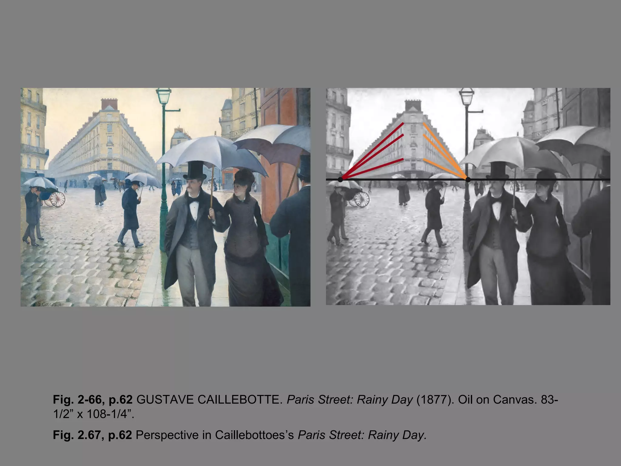 Fig. 2-66, p.62 GUSTAVE CAILLEBOTTE. Paris Street: Rainy Day (1877). Oil on Canvas. 83-
1/2” x 108-1/4”.
Fig. 2.67, p.62 Perspective in Caillebottoes’s Paris Street: Rainy Day.
 