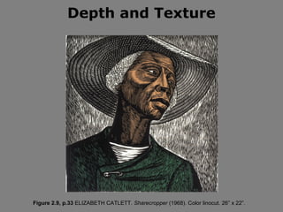 Depth and Texture




Figure 2.9, p.33 ELIZABETH CATLETT. Sharecropper (1968). Color linocut. 26” x 22”.
 