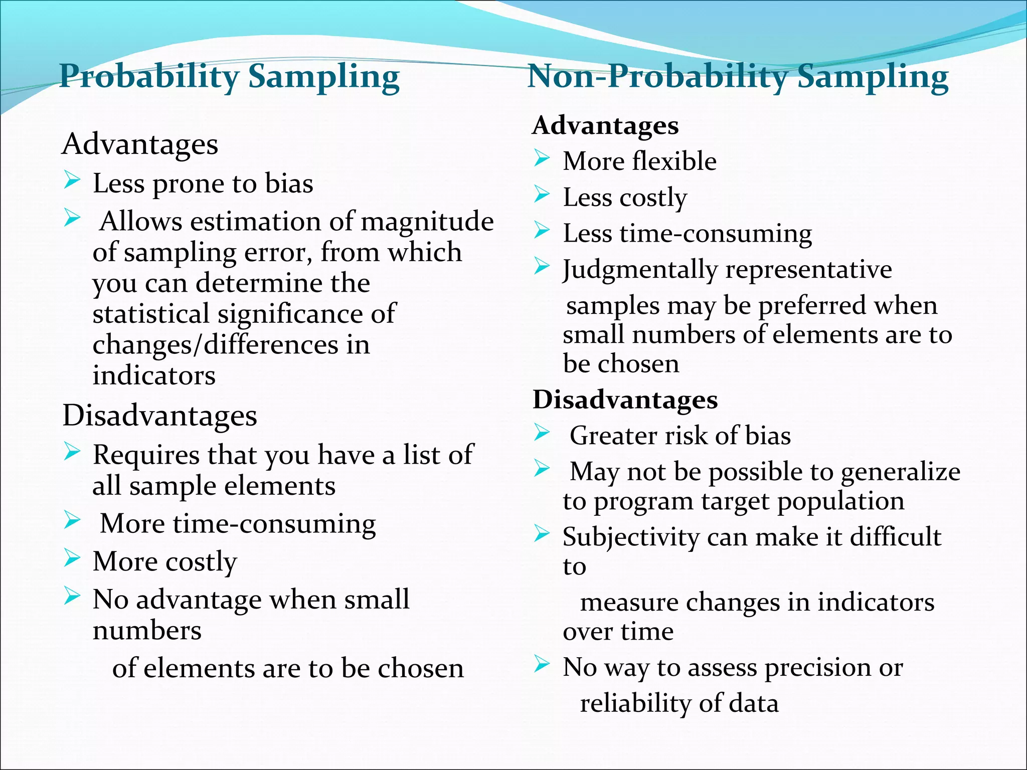 Probability Sampling                 Non-Probability Sampling
                                     Advantages
Advantages                            More flexible
 Less prone to bias
                                      Less costly
 Allows estimation of magnitude      Less time-consuming
  of sampling error, from which       Judgmentally representative
  you can determine the
  statistical significance of          samples may be preferred when
  changes/differences in               small numbers of elements are to
  indicators                           be chosen
                                     Disadvantages
Disadvantages                         Greater risk of bias
 Requires that you have a list of
                                      May not be possible to generalize
  all sample elements
                                       to program target population
 More time-consuming                 Subjectivity can make it difficult
 More costly                          to
 No advantage when small                measure changes in indicators
  numbers                              over time
    of elements are to be chosen      No way to assess precision or
                                         reliability of data
 
