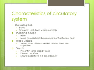 Characteristics of circulatory
system
•   Circulating fluid
       Blood
       Transports useful and waste materials
    Pumping device
        Heart
        Move through body by muscular contractions of heart
    Blood vessels
        3 main types of blood vessels: arteries, veins and
         capillaries
    Valves
        Present in some blood vessels
        Prevent backflow
        Ensure blood flows in 1 direction only
 