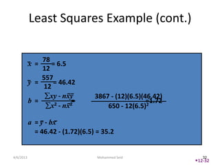 Least Squares Example (cont.)

               78
           x =    = 6.5
               12
               557
           y =     = 46.42
               12
                 xy - nxy         3867 - (12)(6.5)(46.42)
           b =      2 - nx2
                           =                        =1.72
                  x                   650 - 12(6.5)2

           a = y - bx
             = 46.42 - (1.72)(6.5) = 35.2


4/6/2013                           Mohammed Seid               32
                                                            12-32
 