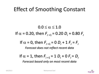 Effect of Smoothing Constant

                              0.0         1.0
           If        = 0.20, then Ft +1 = 0.20 Dt + 0.80 Ft

                If      = 0, then Ft +1 = 0 Dt + 1 Ft = Ft
                      Forecast does not reflect recent data

                If      = 1, then Ft +1 = 1 Dt + 0 Ft = Dt
                     Forecast based only on most recent data

4/6/2013                            Mohammed Seid                 37
                                                               12-37
 