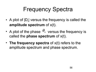 56
Frequency Spectra
• A plot of |Dn| versus the frequency is called the
amplitude spectrum of x(t).
• A plot of the phase versus the frequency is
called the phase spectrum of x(t).
• The frequency spectra of x(t) refers to the
amplitude spectrum and phase spectrum.
nθ
 