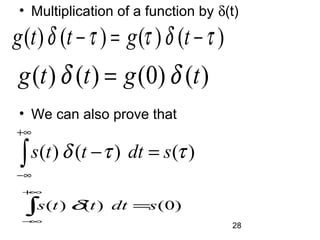 28
• Multiplication of a function by δ(t)
• We can also prove that
)0()()( sdttts =∫
+∞
∞−
δ
)()0()()( tgttg δδ =
)()()()( τδττδ −=− tgttg
)()()( ττδ sdttts =−∫
+∞
∞−
 