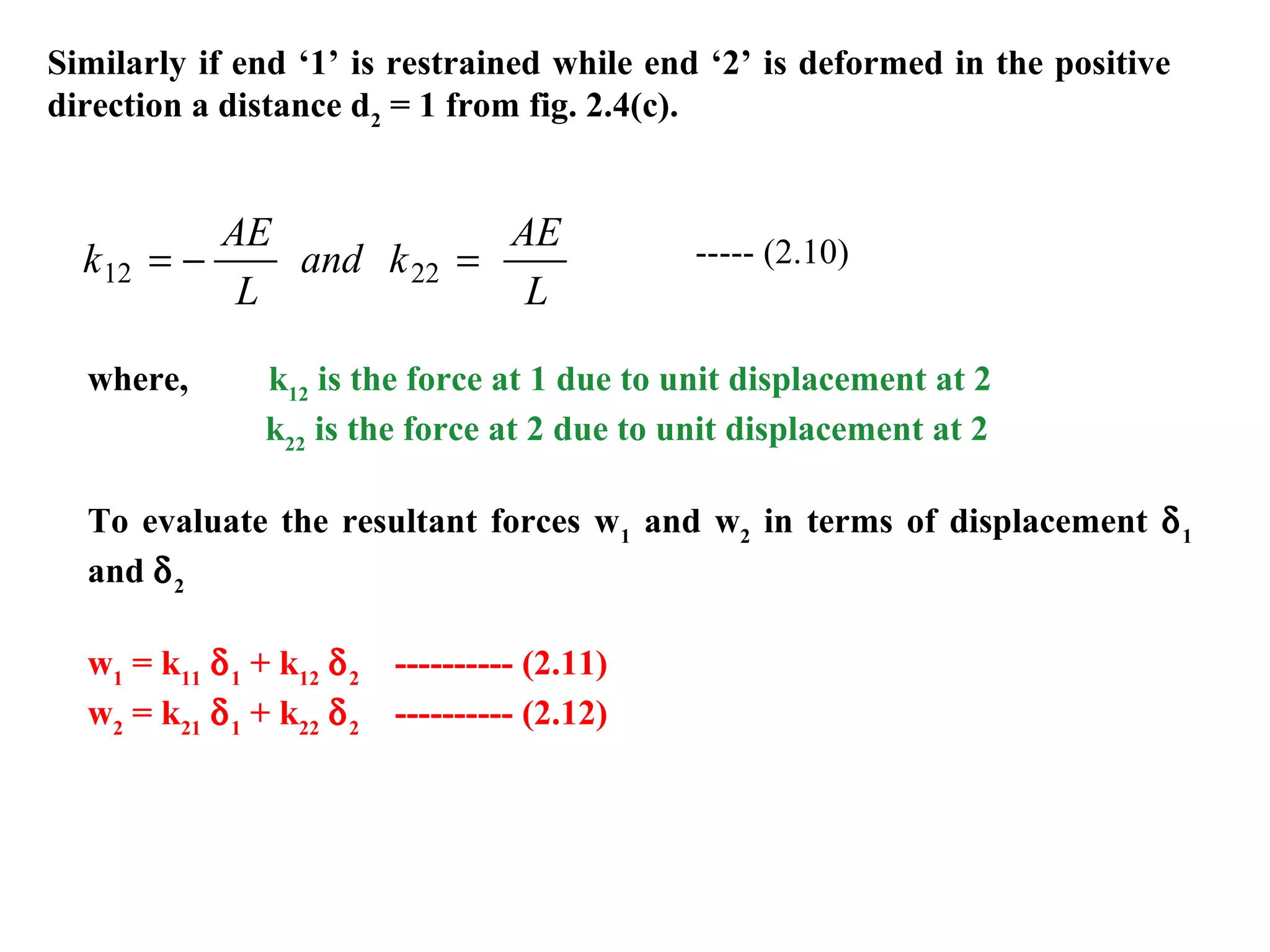 Similarly if end ‘1’ is restrained while end ‘2’ is deformed in the positive
direction a distance d2
= 1 from fig. 2.4(c).
k
AE
L
and k
AE
L
12 22= − = ----- (2.10)
where, k12
is the force at 1 due to unit displacement at 2
k22
is the force at 2 due to unit displacement at 2
To evaluate the resultant forces w1
and w2
in terms of displacement δ1
and δ2
w1
= k11
δ1
+ k12
δ2
---------- (2.11)
w2
= k21
δ1
+ k22
δ2
---------- (2.12)
 