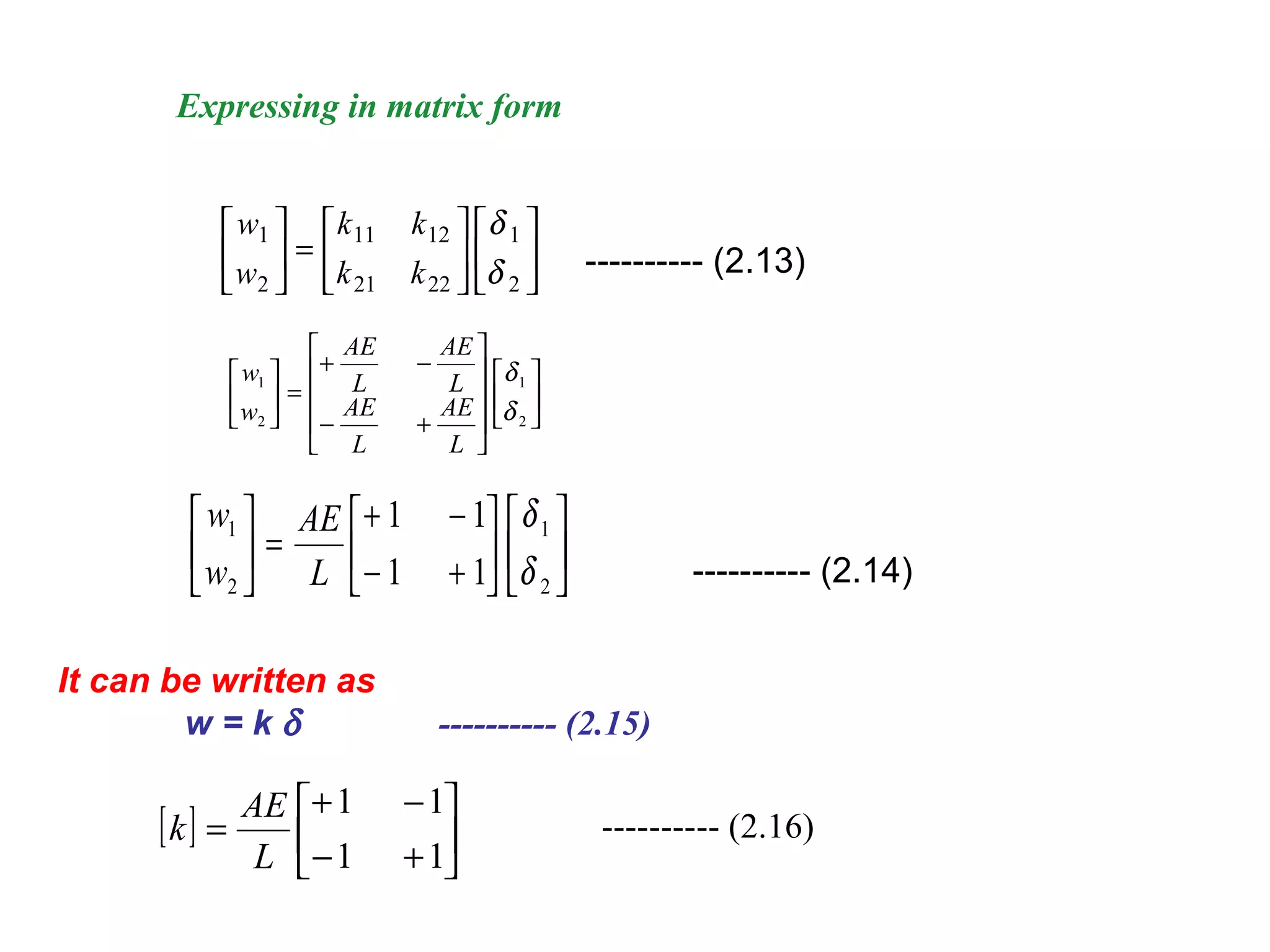 Expressing in matrix form
w
w
k k
k k
1
2
11 12
21 22
1
2





 =












δ
δ ---------- (2.13)
















+−
−+
=





2
1
2
1
δ
δ
L
AE
L
AE
L
AE
L
AE
w
w












+−
−+
=





2
1
2
1
11
11
δ
δ
L
AE
w
w
---------- (2.14)
It can be written as
w = k δ ---------- (2.15)
[ ] 





+−
−+
=
11
11
L
AE
k ---------- (2.16)
 