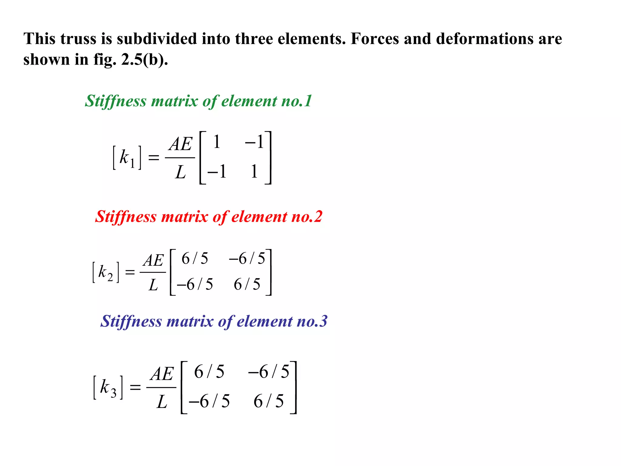 This truss is subdivided into three elements. Forces and deformations are
shown in fig. 2.5(b).
Stiffness matrix of element no.1
[ ]k
AE
L
1
1 1
1 1
=
−
−






Stiffness matrix of element no.2
[ ]k
AE
L
2
6 5 6 5
6 5 6 5
=
−
−






/ /
/ /
Stiffness matrix of element no.3
[ ]k
AE
L
3
6 5 6 5
6 5 6 5
=
−
−






/ /
/ /
 