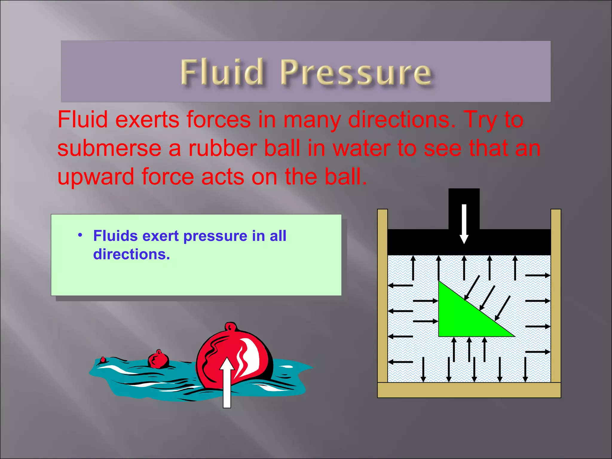 Fluid exerts forces in many directions. Try to
submerse a rubber ball in water to see that an
upward force acts on the ball.
• Fluids exert pressure in all
directions.
F
 