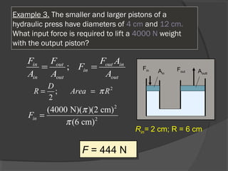 Example 3. The smaller and larger pistons of a
hydraulic press have diameters of 4 cm and 12 cm.
What input force is required to lift a 4000 N weight
with the output piston?
Fout
Fin AouttAin
;in out out in
in
in out out
F F F A
F
A A A
= =
2
2
(4000 N)( )(2 cm)
(6 cm)
inF
π
π
=
2
;
2
D
R Area Rπ= =
F = 444 NF = 444 N
Rin= 2 cm; R = 6 cm
 