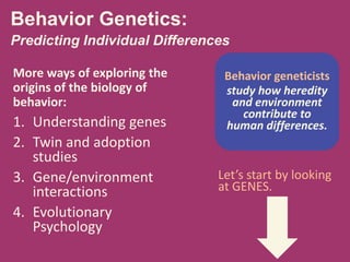 Behavior Genetics:
Predicting Individual Differences
More ways of exploring the
origins of the biology of
behavior:
1. Understanding genes
2. Twin and adoption
studies
3. Gene/environment
interactions
4. Evolutionary
Psychology
Behavior geneticists
study how heredity
and environment
contribute to
human differences.
Let’s start by looking
at GENES.
 